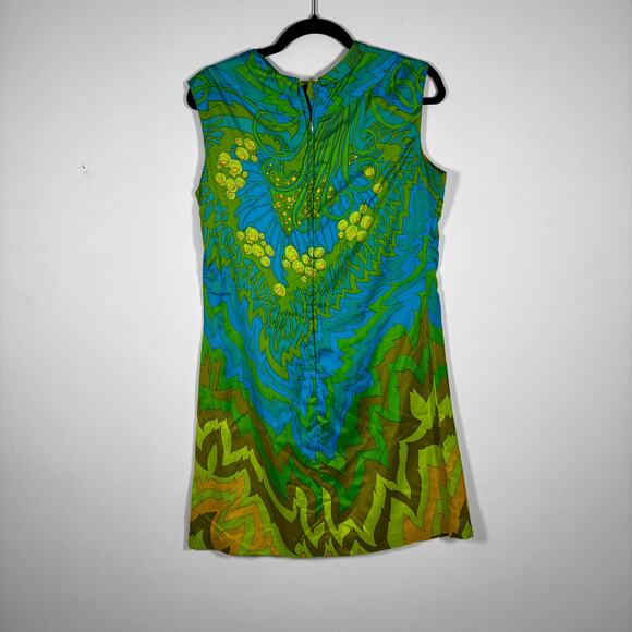 Vintage 1960s Psychedelic Shift Dress Blue Green Yellow Floral Tropical Print - Picture 8 of 16